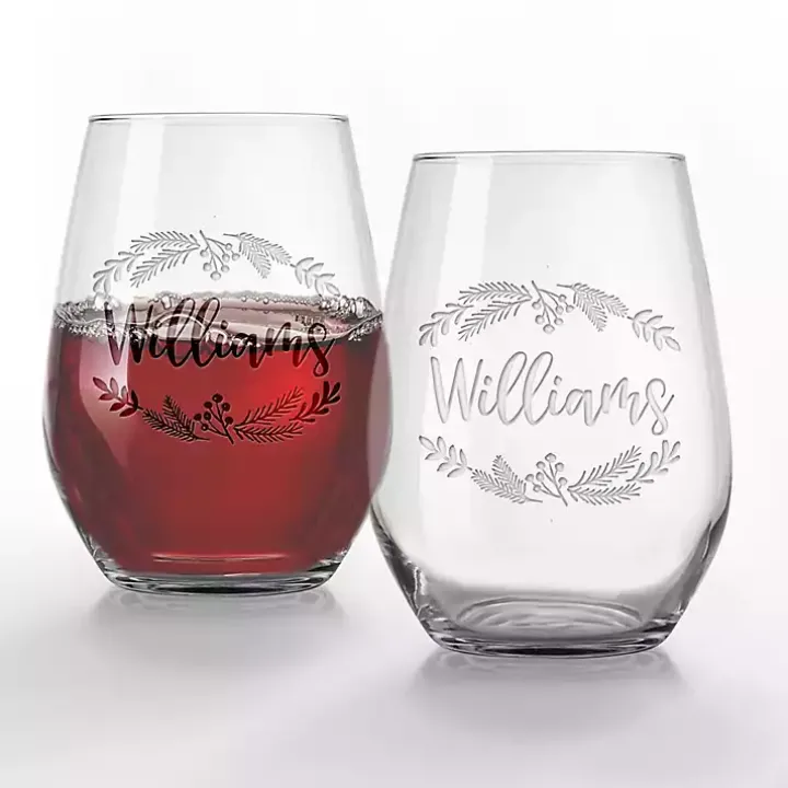 Personalized Wreath Etched Wine Glasses, Set of 2