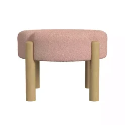 Pink Boucle Natural Wood Ottoman
