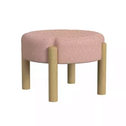 Pink Boucle Natural Wood Ottoman