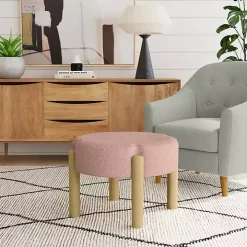 Pink Boucle Natural Wood Ottoman