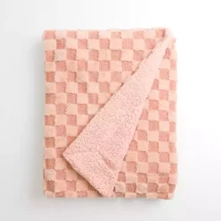 Pink Faux Fur and Boucle Checkerboard Throw