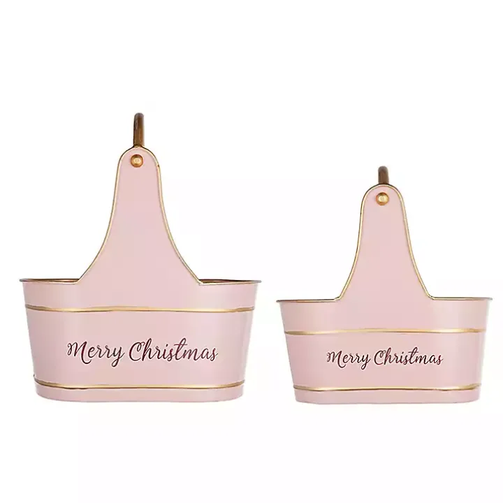Pink Iron Merry Christmas Baskets, Set of 2