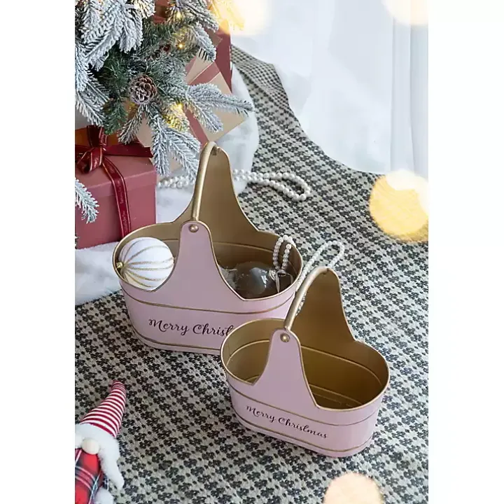 Pink Iron Merry Christmas Baskets, Set of 2