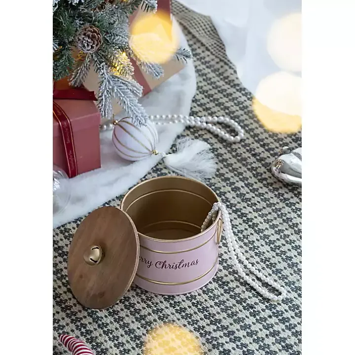 Pink Iron Merry Christmas Lidded Baskets, Set of 2