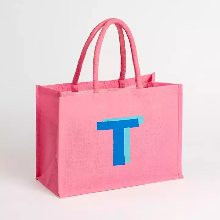 Pink Monogram T Jute Tote Bag