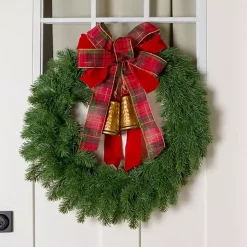 Plaid Bow and Gold Bells Juniper Wreath