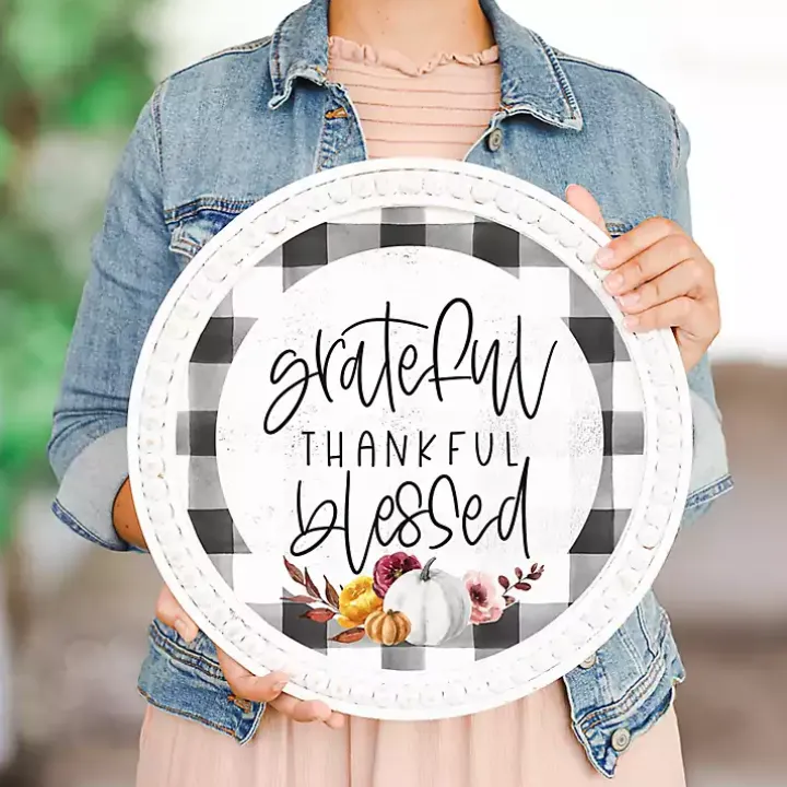 Plaid Thankful Round Framed Wall Plaque