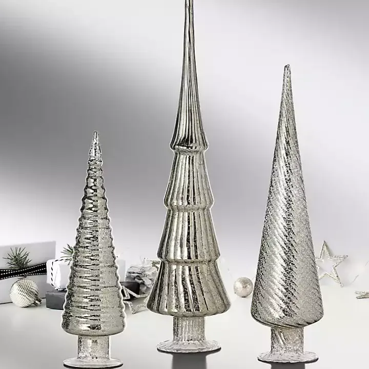 Platinum Mercury Glass Christmas Trees, Set of 3