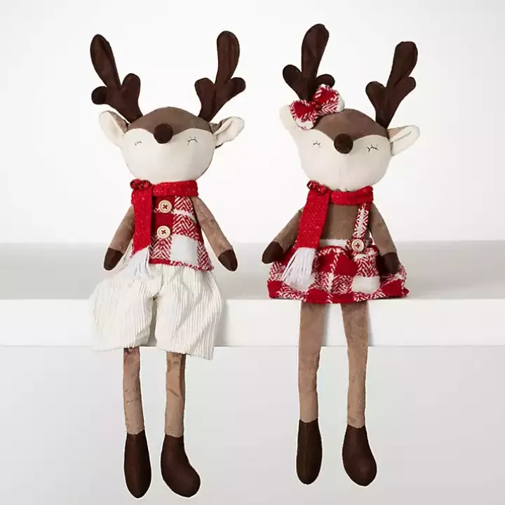 Plush Reindeer Plaid Shelf Sitters, Set of 2