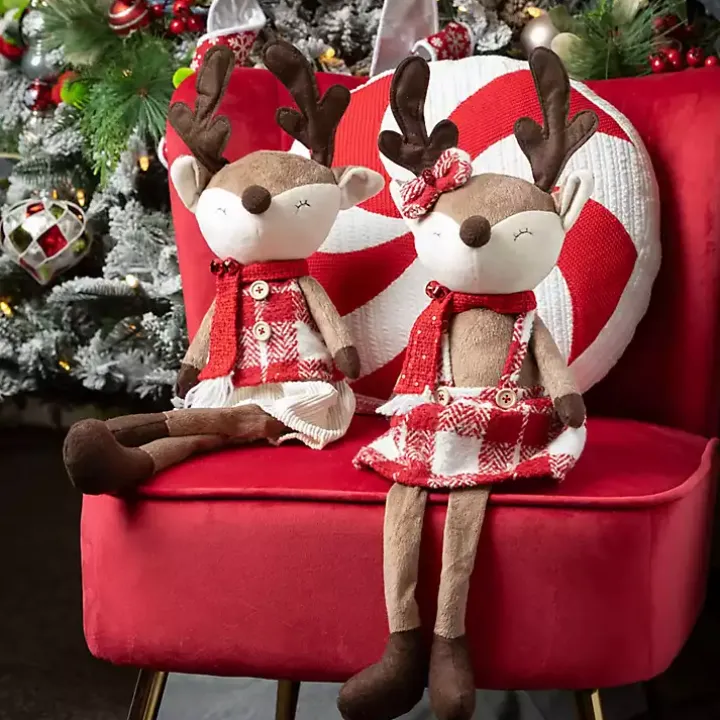 Plush Reindeer Plaid Shelf Sitters, Set of 2
