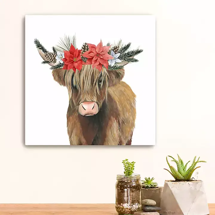 Poinsettia Highland Cow Canvas Art Print