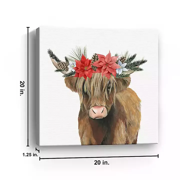 Poinsettia Highland Cow Canvas Art Print