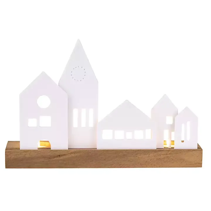 Porcelain and Wood City Tealight Candle Holder