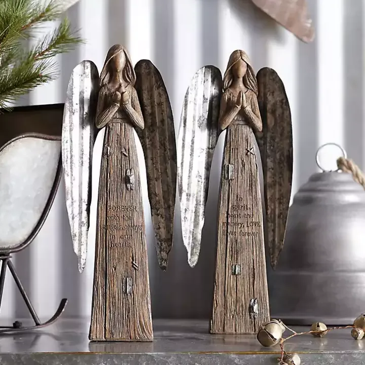 Praying Galvanized Angel Figurines, Set of 2