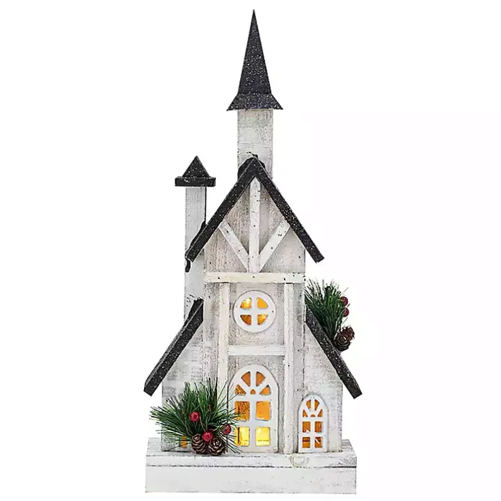 Pre-Lit Black and White Steepled Church Statue