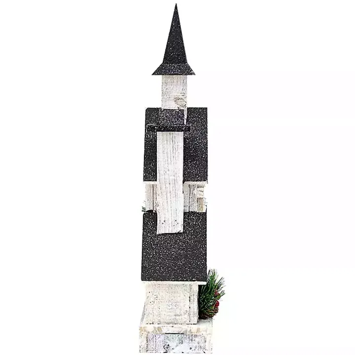 Pre-Lit Black and White Steepled Church Statue