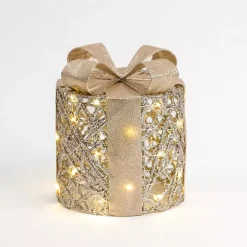 Pre-Lit Gold Glitter Christmas Gift Box, 8 in.