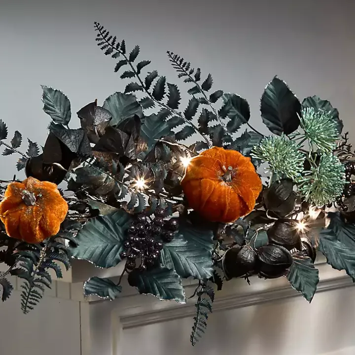 Pre-Lit Pumpkin and Black Leaf Garland