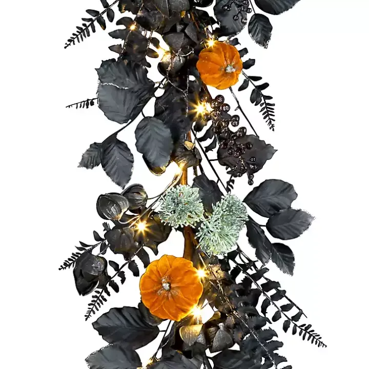 Pre-Lit Pumpkin and Black Leaf Garland