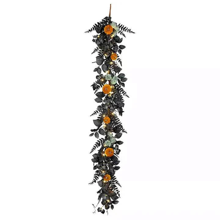 Pre-Lit Pumpkin and Black Leaf Garland