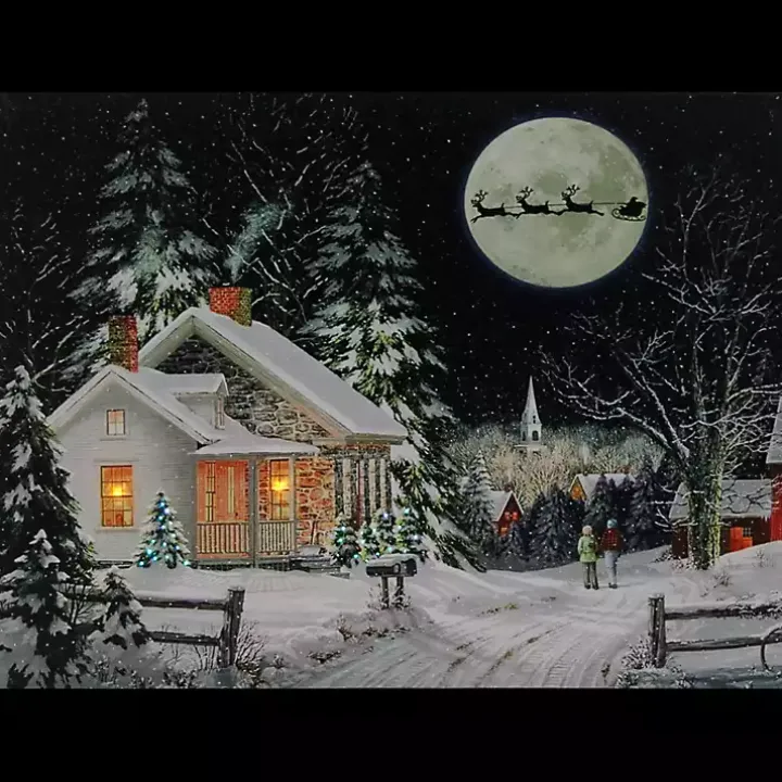 Pre-Lit Snowy Winter Village Canvas Art Print