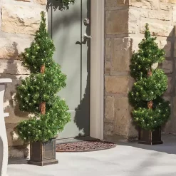 Pre-Lit Spiral Potted Pine Trees, Set of 2