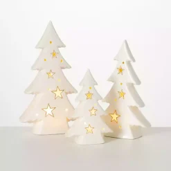 Pre-Lit White Porcelain Tree Statues, Set of 3