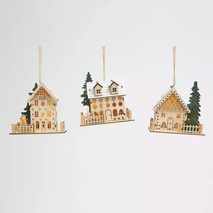 Pre-Lit Wooden House Christmas Ornaments, Set of 3