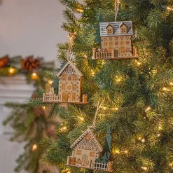 Pre-Lit Wooden House Christmas Ornaments, Set of 3