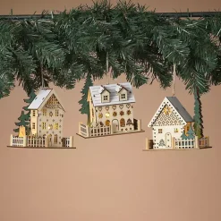 Pre-Lit Wooden House Christmas Ornaments, Set of 3