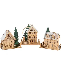 Pre-Lit Wooden House Christmas Ornaments, Set of 3