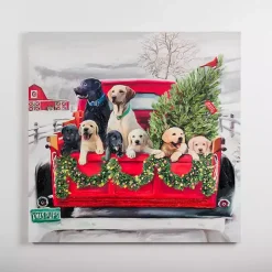 Puppies in Truck Christmas Canvas Wall Plaque