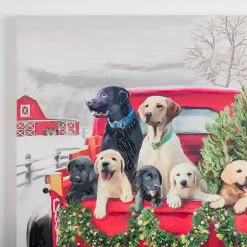 Puppies in Truck Christmas Canvas Wall Plaque