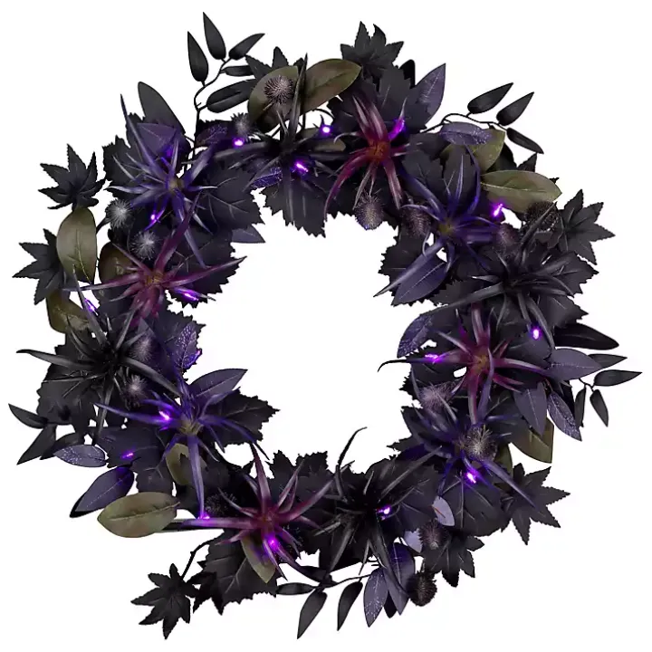 Purple Pre-Lit Black Leaves Wreath