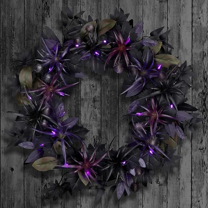 Purple Pre-Lit Black Leaves Wreath