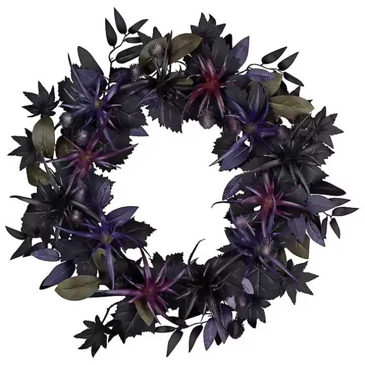 Purple Pre-Lit Black Leaves Wreath