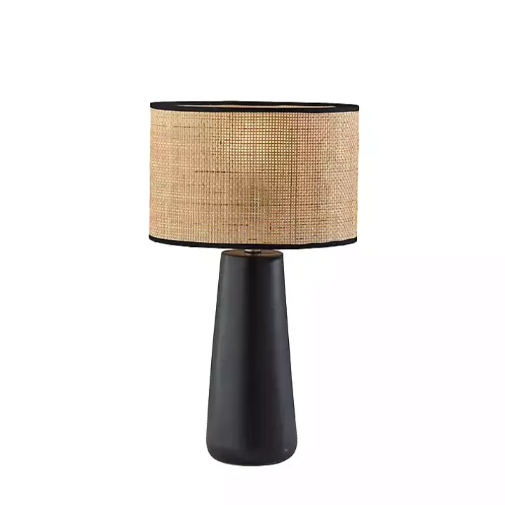 Rattan Shade Black Base Table Lamp