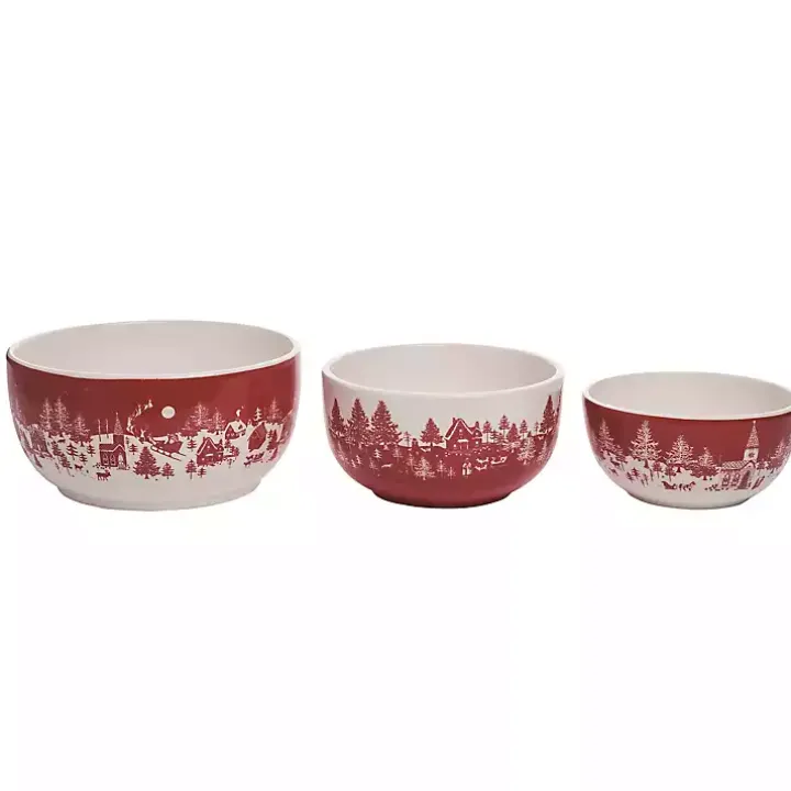 Red & White Toile Christmas Bowls, Set of 3