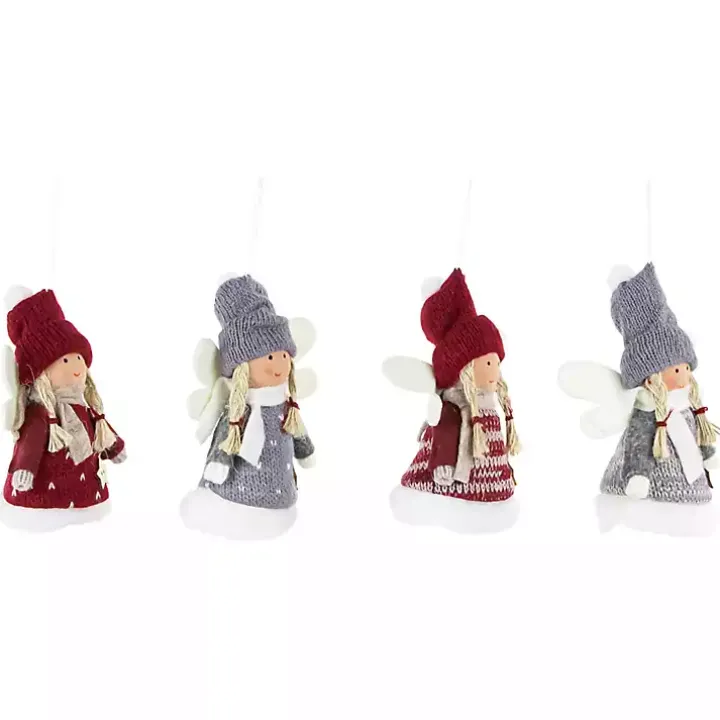 Red and Gray Angel Plush Ornaments, Set of 4