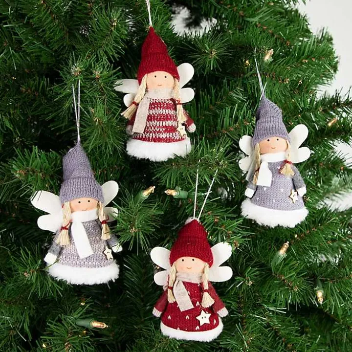 Red and Gray Angel Plush Ornaments, Set of 4