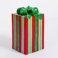 Red and Green Striped Christmas Present Statue