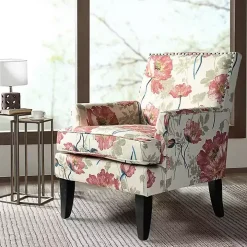 Red and Ivory Floral Upholstered Accent Chair