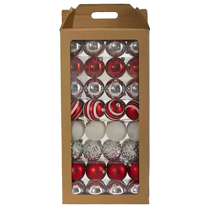 Red and Silver Shatterproof Ornaments, Set of 64