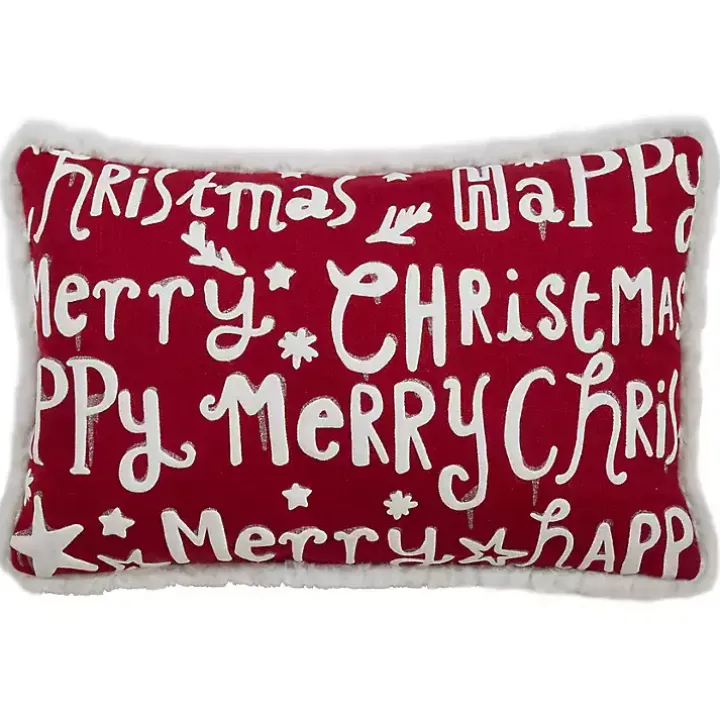 Red and White Merry Happy Christmas Lumbar Pillow
