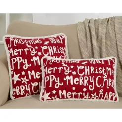 Red and White Merry Happy Christmas Lumbar Pillow
