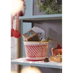 Red and White Striped Christmas Tin Container