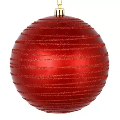 Red Ball Ornaments with Glitter Lines, Set of 4