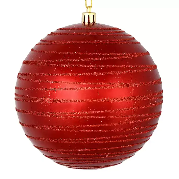 Red Ball Ornaments with Glitter Lines, Set of 4