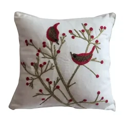 Red Birds and Berries Embroidered Christmas Pillow