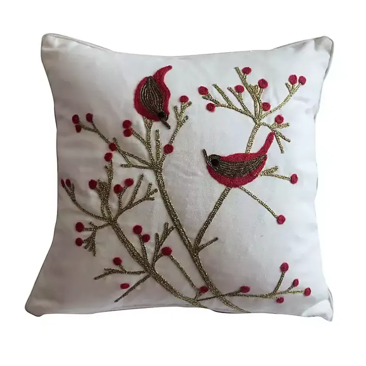 Red Birds and Berries Embroidered Christmas Pillow